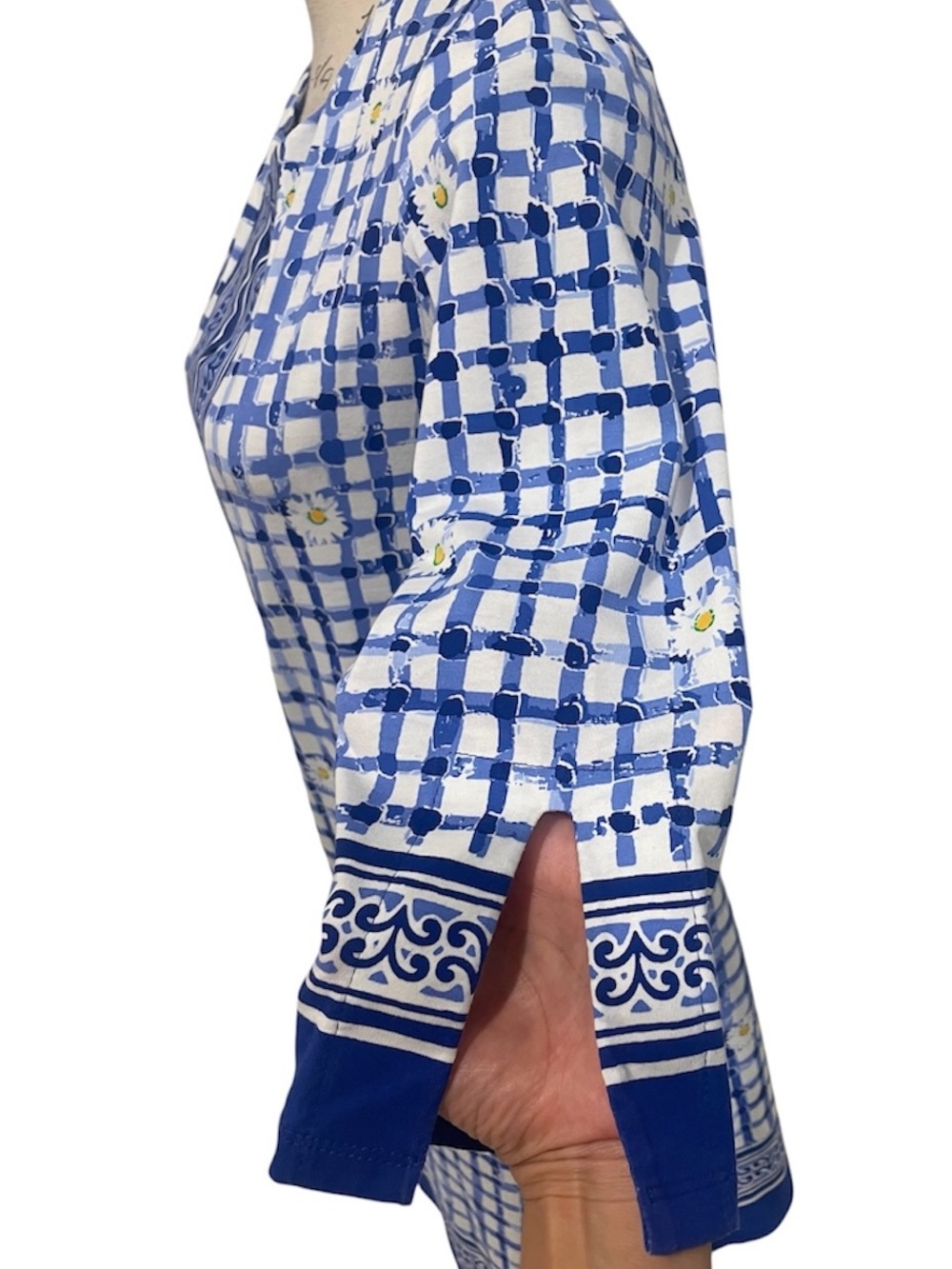 Barbara Erickson Blue Gingham Daisy Print Knit Dress Size Medium Coastal Chic - Picture 8 of 13